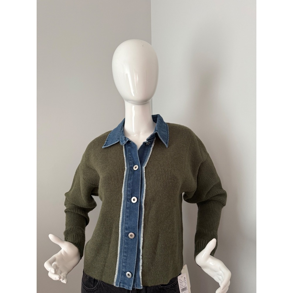 Commense Panel Breasted Stretch Lapel Knit Top Olive Green size M - Picture 6 of 9
